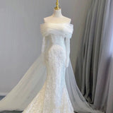 Timeless Mermaid Off The Shoulder Long Sleeves Lace Wedding Dresses With Ribbon HZ1024