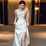 Classy Sheath Strapless Satin Ankle Length Wedding Dresses With Flowers HZ1024