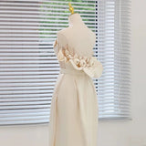 Classy Sheath Strapless Satin Ankle Length Wedding Dresses With Flowers HZ1024