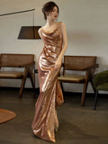 Elegant Sheath Backless Gold Sequin Long Prom Dresses HZ1024