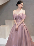 Elegant Ball Gown Off The Shoulder Satin Pink Long Prom Dresses HZ1024
