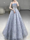 Elegant Ball Gown Strapless Gray Blue Sequin Long Prom Dresses HZ1024