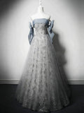 Elegant Ball Gown Strapless Gray Blue Sequin Long Prom Dresses HZ1024
