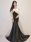 Modest Mermaid Off The Shoulder Satin Black Prom Dress Long Evening Dresses HZ1024