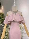 Elegant Sheath High Neckline Pink Satin Silver Beads Long Prom Dresses HZ1024