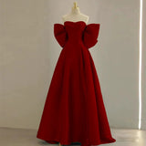 Modest A Line Off The Shoulder Satin Burgundy Prom Dress Long Evening Dresses With Bow HZ1024