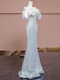 Elegant Sheath Off The Shoulder Silver Sequins Long Prom Dresses HZ1024