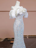 Elegant Sheath Off The Shoulder Silver Sequins Long Prom Dresses HZ1024