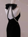 Elegant Sheath Sleeveless Black Velvet Backless Long Prom Dresses HZ1024