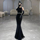 Elegant Sheath Sleeveless Black Velvet Backless Long Prom Dresses HZ1024