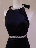 Elegant Sheath Sleeveless Black Velvet Backless Long Prom Dresses HZ1024