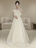 Timeless A line Strapless Long Satin White Wedding Dresses With Bow HZ1024