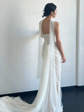 Unique Mermaid Strapless Tulle White Wedding Dresses With Ribbon HZ1024