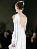 Unique Sheath Strapless Satin Slit White Wedding Dresses With Ribbon HZ1024