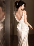 Unique Sheath Straps Satin Long White Slit Pearls Wedding Dresses HZ1024