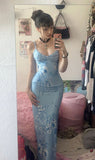 Modest Mermaid Spaghatti Straps Light Blue Prom Dress Long Evening Dresses HZ1024
