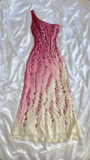 Modest Sheath One Shoulder Chiffon Ombre Pink Long Prom Dress Party Dress With Flowers Beads HZ1024