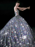 Luxury Ball Gown Strapless Sleeveless Silver Sequin Wedding Dress HZ1024