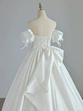 Simple Ball Gown Sweetheart Satin Long White Wedding Dresses With Bow HZ1024