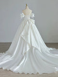 Simple Ball Gown Sweetheart Satin Long White Wedding Dresses With Bow HZ1024
