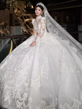 Luxury Ball Gown High Neckline Long Sleeves Lace White Wedding Dress HZ1024
