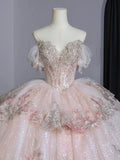 Dreamy Ball Gown Off The Shoulder Pink Lace Long Wedding Dresses With Beads HZ1024