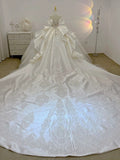 Dreamy Ball Gown Sweetheart Short Puffy Sleeves White Lace Wedding Dresses With Beads HZ1024