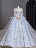 Dreamy Ball Gown Sweetheart Long Puffy Sleeves Lace Wedding Dresses With Beads HZ1024