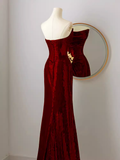 Simple Mermaid Strapless Red Sequin Long Prom Dresses HZ1024