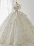 Luxury Ball Gown Sweetheart Sequin White Long Sleeves Wedding Dresses With Beads HZ1024