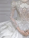 Chic Ball Gown Scoop White Long Sleeves Sequin Wedding Dresses With Beads Buttons HZ1024