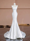Timeless Mermaid Strapless Satin Long White Wedding Dresses With Buttons HZ1024