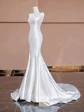 Timeless Mermaid Strapless Satin Long White Wedding Dresses With Buttons HZ1024