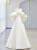 Simple Ball Gown Sweetheart Short Sleeves White Satin Wedding Dresses HZ1024