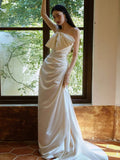 Chic A Line Strapless Sleeveless White Satin Wedding Dresses With Bow HZ1024