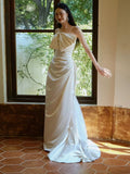 Chic A Line Strapless Sleeveless White Satin Wedding Dresses With Bow HZ1024