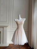 Cute A line Spaghetti Straps Champagne Short Sequin Homecoming Dresses Cocktail Dress HZ1024