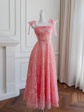 Elegant A line Straps Pink Lace Prom Dresses Sexy Evening Dress With Bows HZ1024