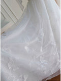 Elegant A line Straps White Lace Prom Dresses Slit Evening Dress With Bow HZ1024
