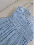 Simple A Line Spaghetti Straps Tulle Blue Prom Dress Evening Dresses HZ1024