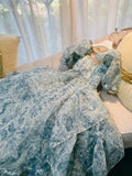 Elegant Princess Sweetheart Short Sleeves Blue Flora Prom Dress Evening Dresses HZ1024