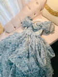 Elegant Princess Sweetheart Short Sleeves Blue Flora Prom Dress Evening Dresses HZ1024