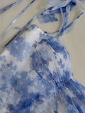 Sexy A line Spaghetti Straps Sleeveless Floral Blue Chiffon Prom Dresses HZ1024