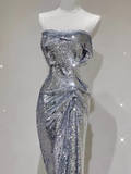 Sexy Mermaid Strapless Silver Sequin Long Prom Dress HZ1024