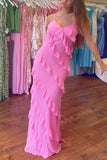 Modest A line Straps Neckline Pink Chiffon Long Prom Dress Evening Dresses HZ1024