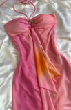 Elegant A line Halter Chiffon Ombre Pink Prom Dresses Evening Dress With Beads HZ1024