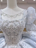 Fairytale Ball Gown Scoop Neckline Tulle Lace Long Wedding Dresses HZ1024