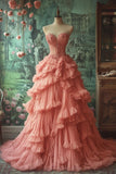 Vintage Ball Gown Sweetheart Ruffles Lace Pink Long Prom Dress Evening Dresses HZ1024