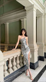 Sexy Sheath Straps Slim Fit Sequin Silver Prom Dress Slit Evening Dresses HZ1024