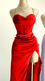 Sexy Sheath Halter Red Slim Fit Long Prom Dress Slit Evening Dresses HZ1024